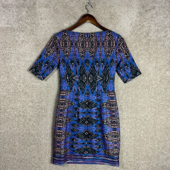 Nanette Lepore Sheath Dress Size 0P Blue/Black Printed Short Sleeve Notch V Neck - Picture 10 of 11